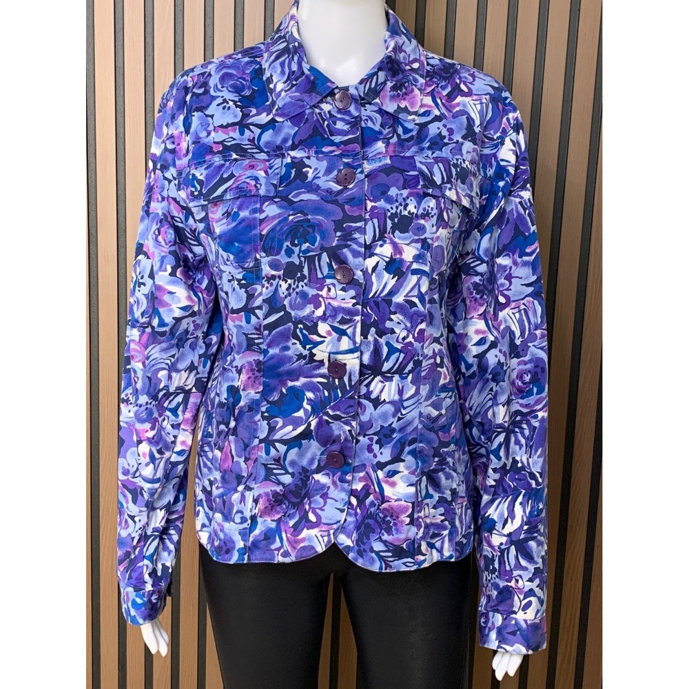Coldwater Creek Women's Purple Floral Cotton Button Front Jacket L Classic